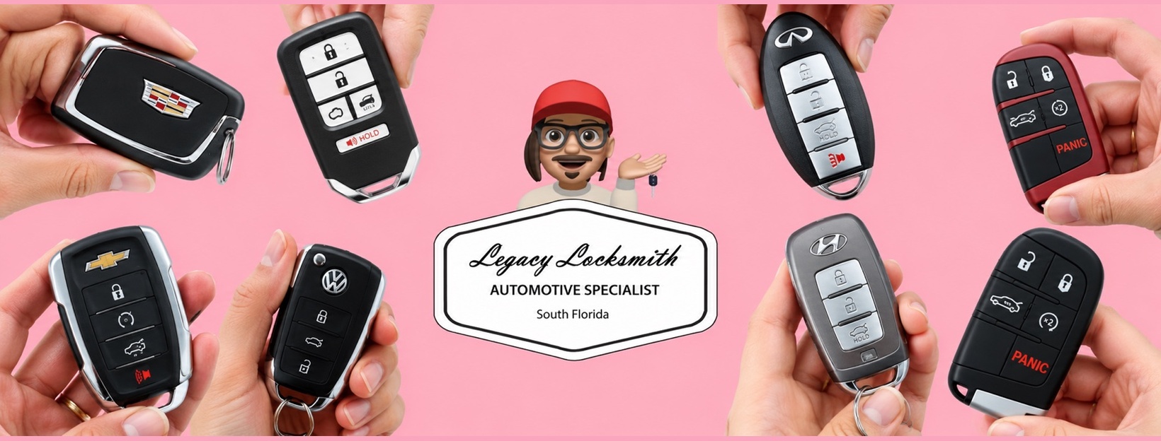 Legacy Locksmith automotive specialist logo surrounded by car keys on a pink background